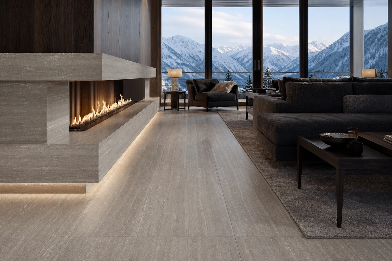 Pietra Tiburtina – Celio Vein porcelain tile in alpine hotel fireplace lounge