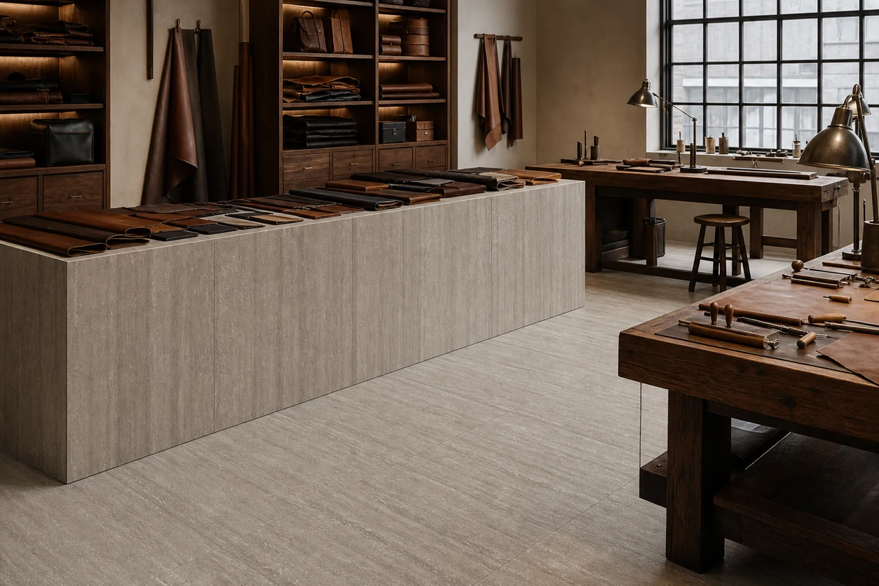 Pietra Tiburtina – Celio Vein porcelain tile in leather goods atelier