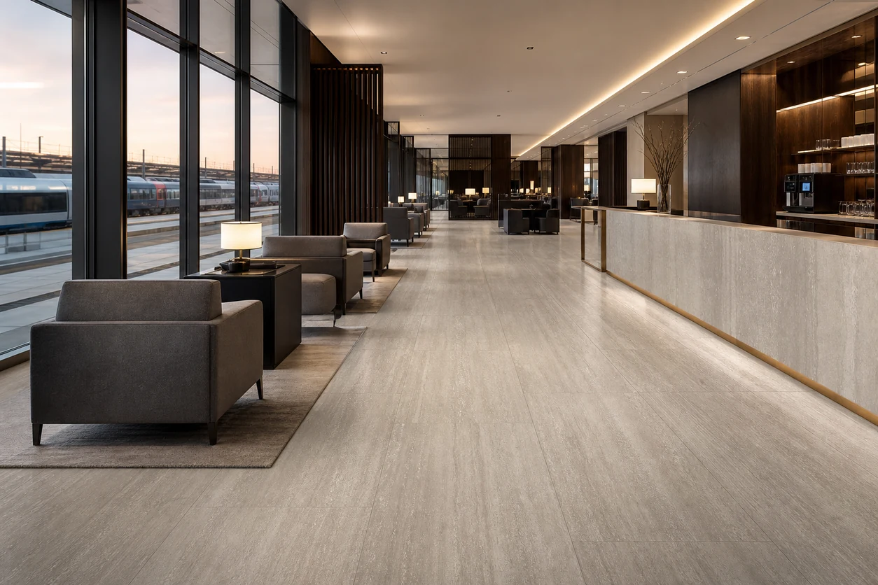 Pietra Tiburtina – Celio Vein porcelain tile in executive rail-station lounge