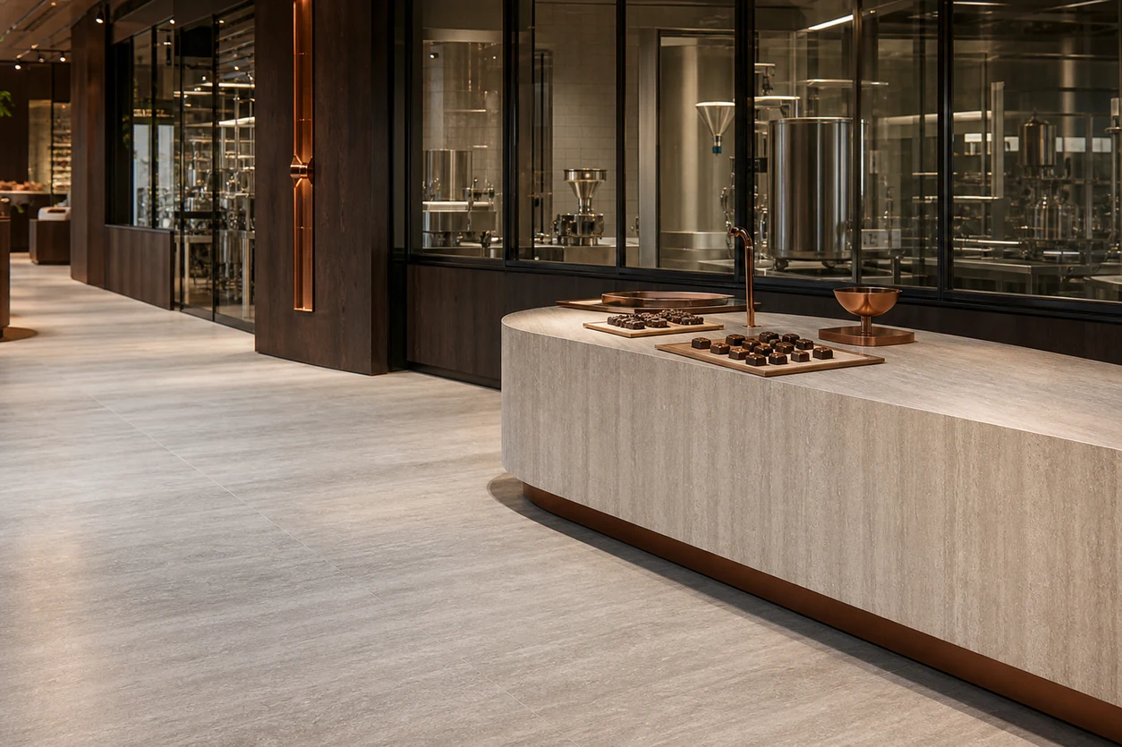 Pietra Tiburtina – Celio Vein porcelain tile in chocolate factory visitor centre