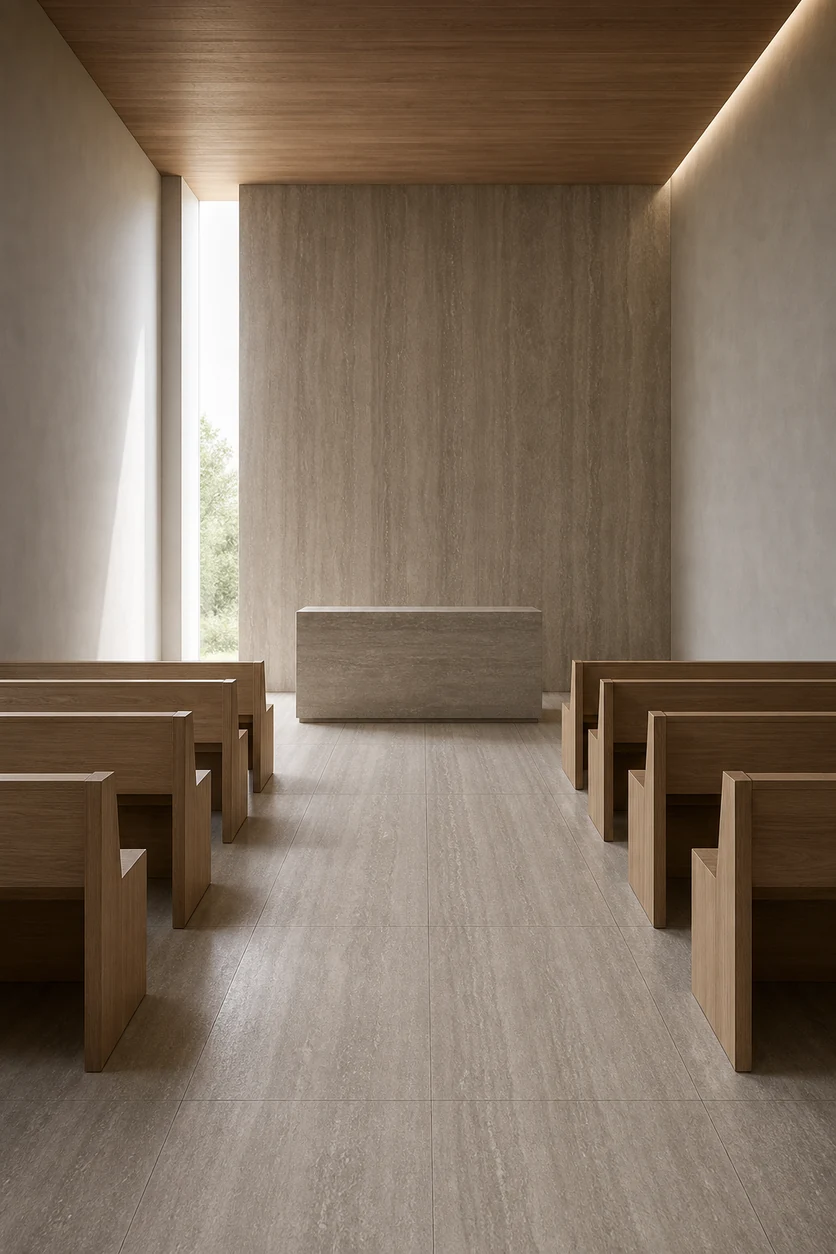 Pietra Tiburtina – Celio Vein porcelain tile in modern chapel