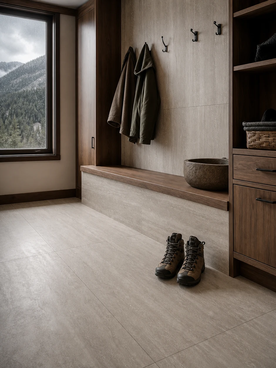 Pietra Tiburtina – Celio Vein porcelain tile in mountain residence mudroom