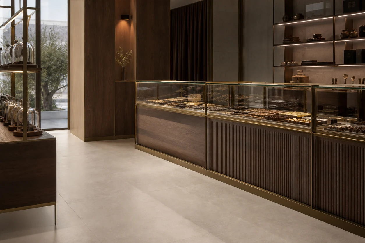 Stile – Beige porcelain tile in luxury chocolate atelier