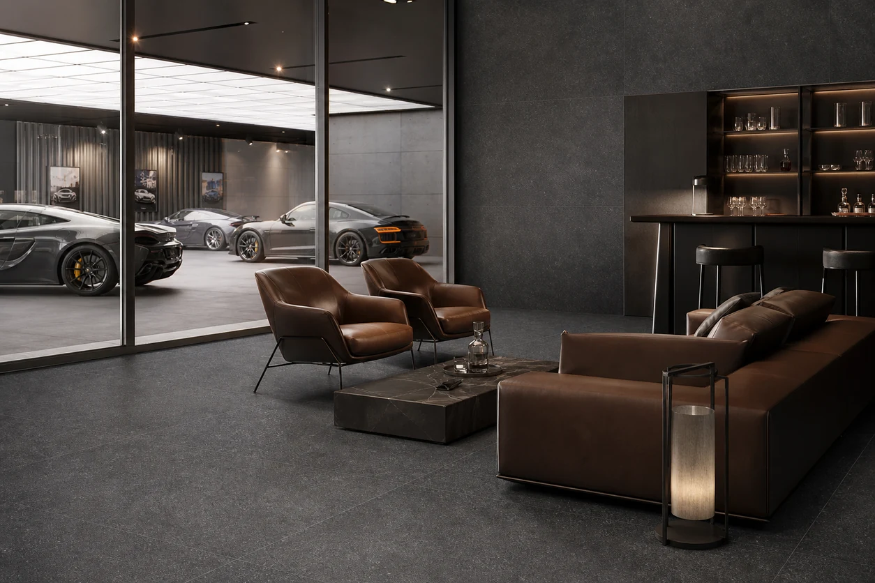 Stile – Black porcelain tile in private supercar members lounge