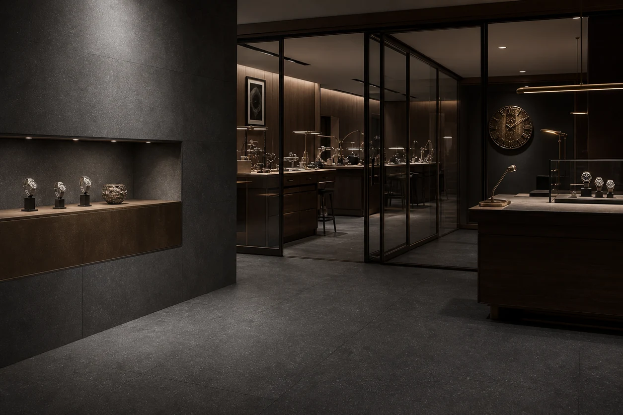 Stile – Black porcelain tile in haute horology service salon
