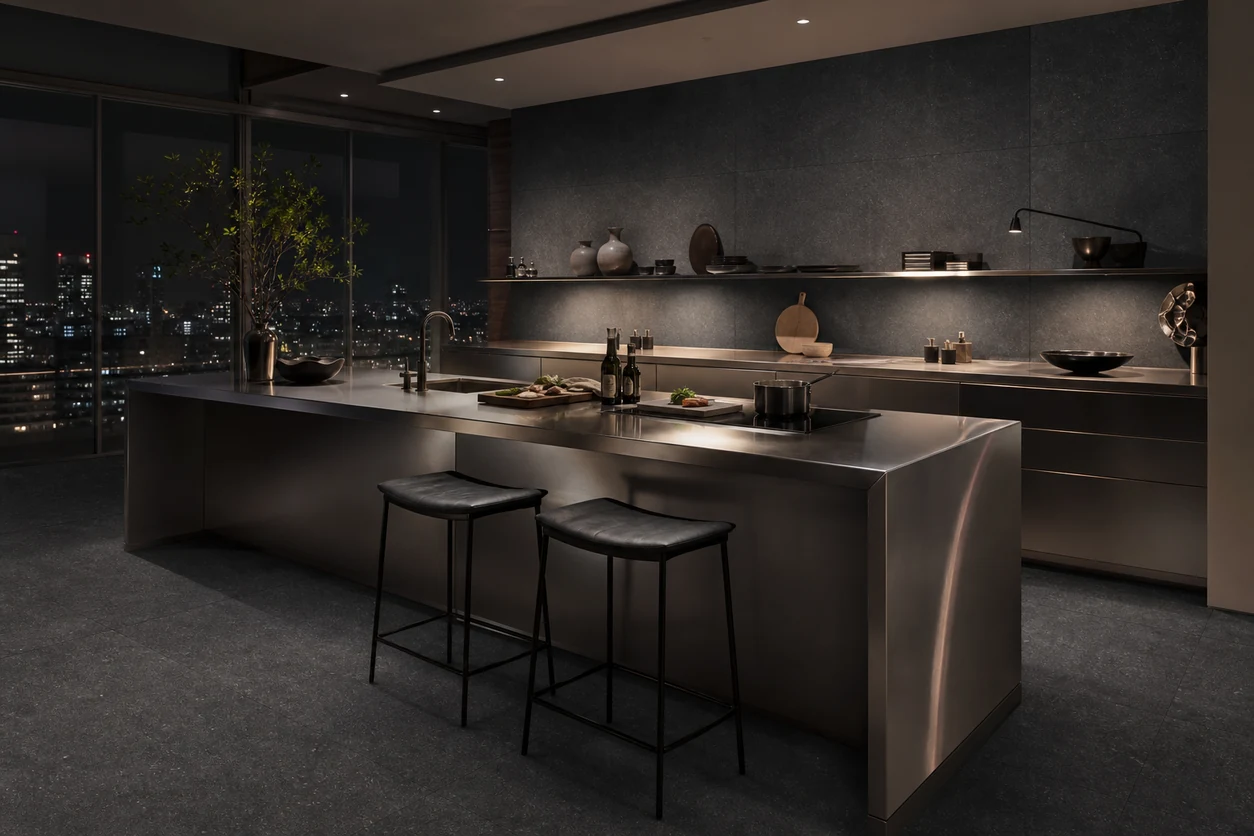 Stile – Black porcelain tile in midnight chefs tasting kitchen