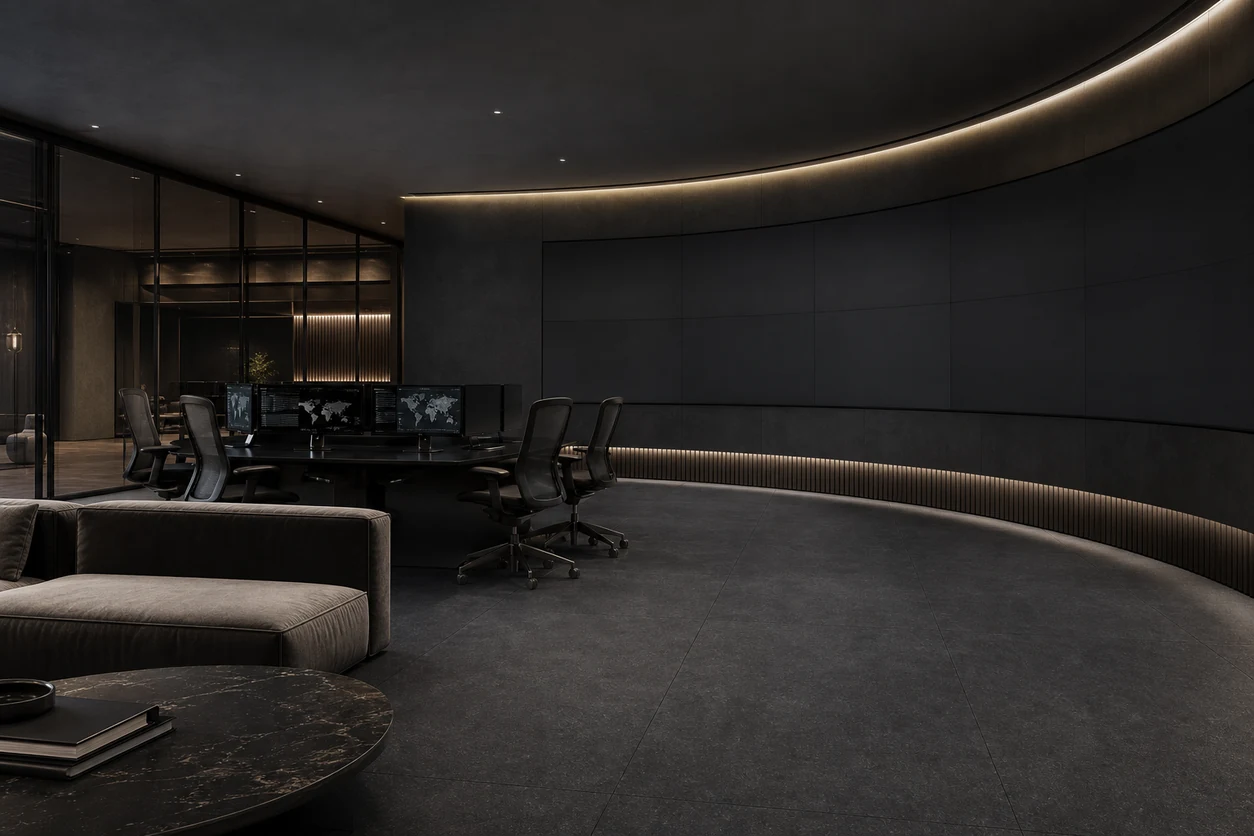 Stile – Black porcelain tile in executive cybersecurity briefing salon