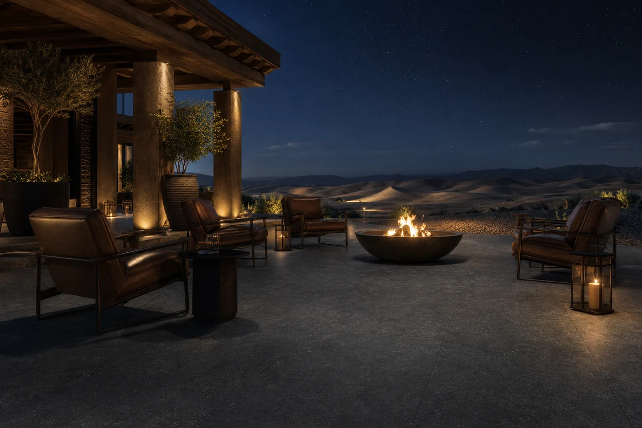 Stile – Black porcelain tile in desert resort cigar terrace