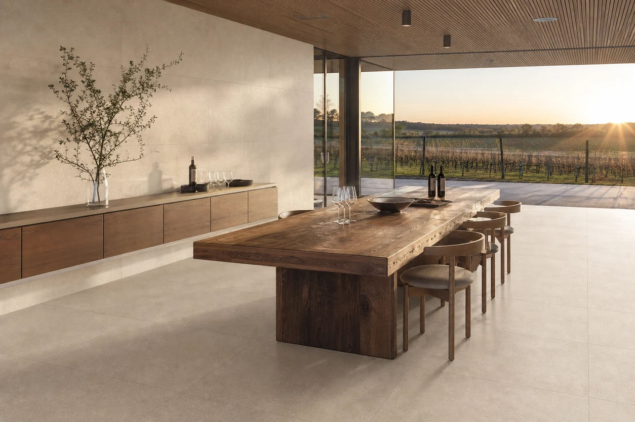 Stile – Pale porcelain tile in private winery tasting pavilion