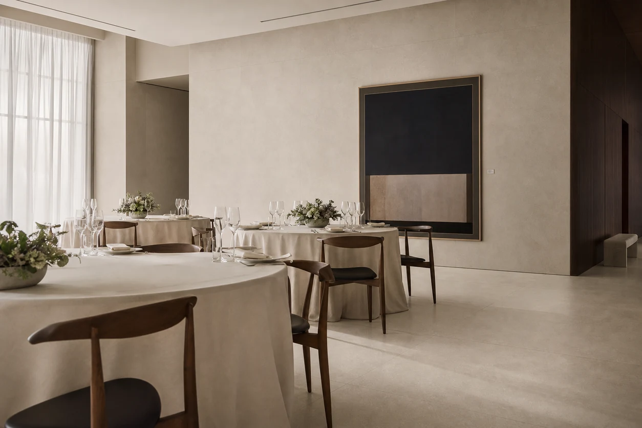 Stile – Pale porcelain tile in museum benefactors dining salon