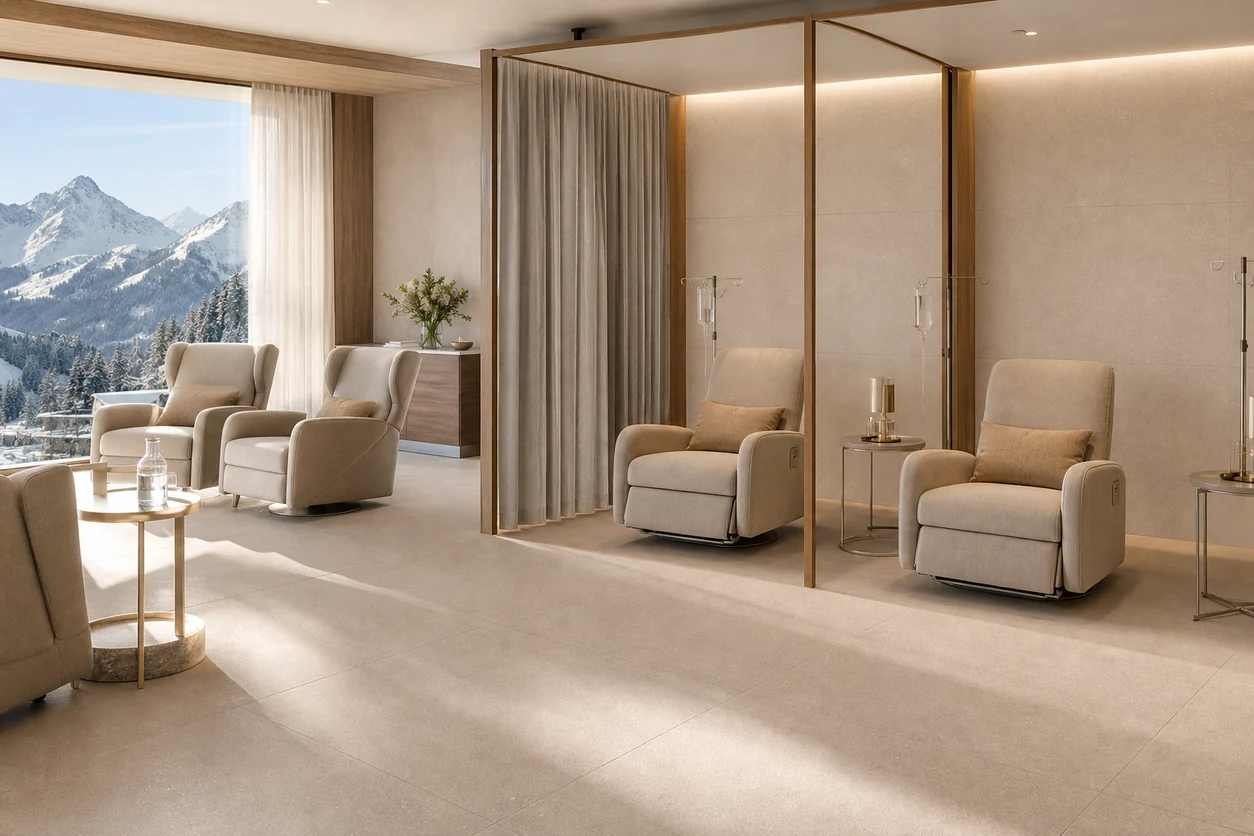 Stile – Pale porcelain tile in alpine dermatology recovery lounge