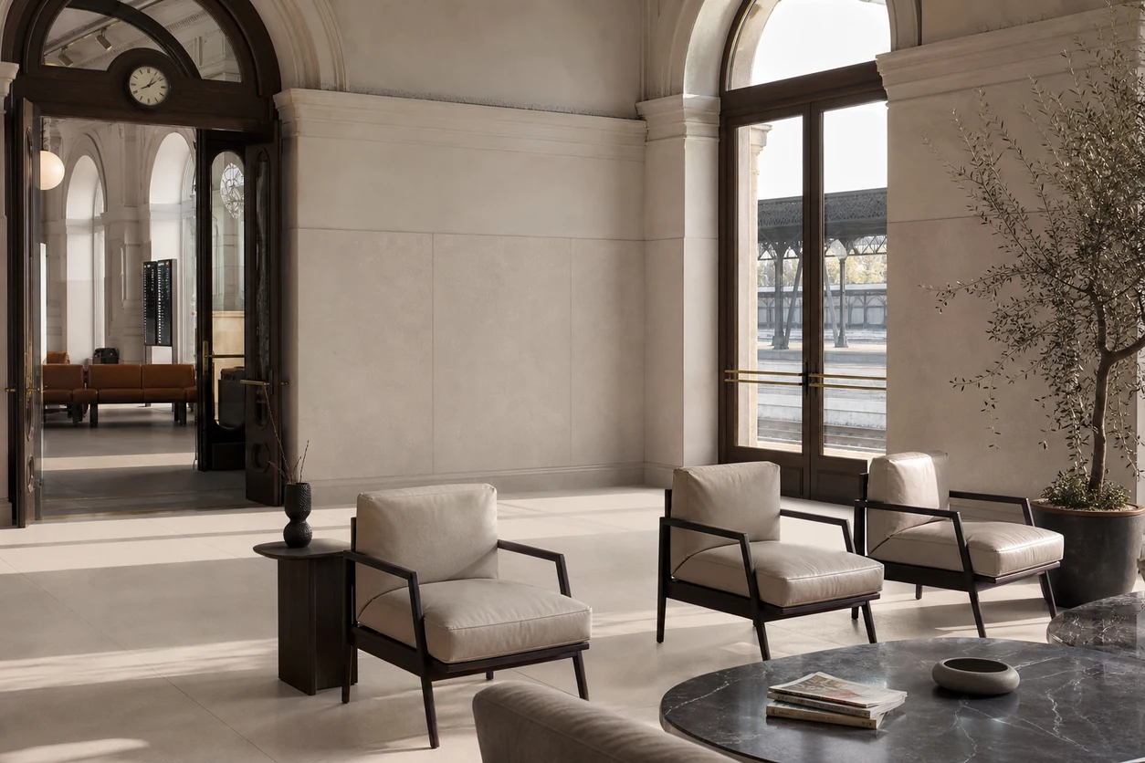 Stile – Pale porcelain tile in first class railway salon