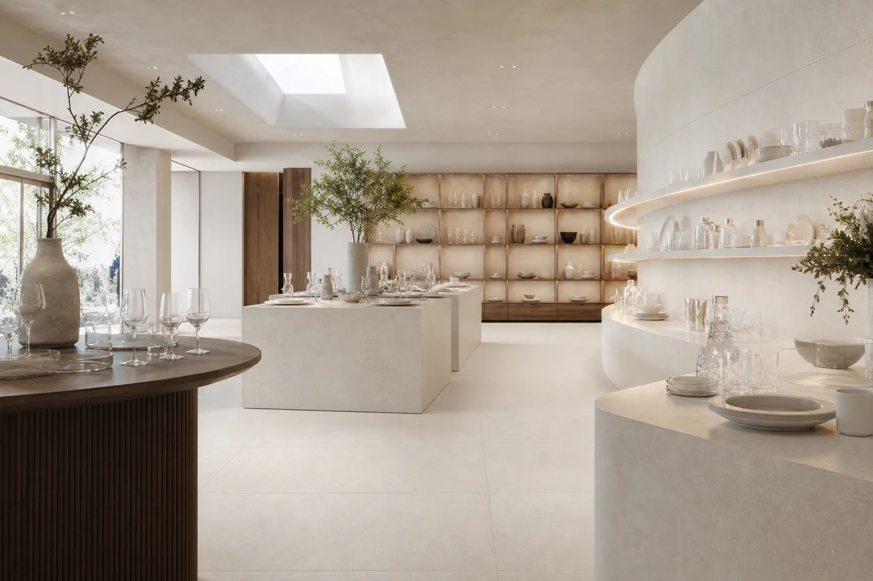 Stile – White Smoke porcelain tile in tableware showroom