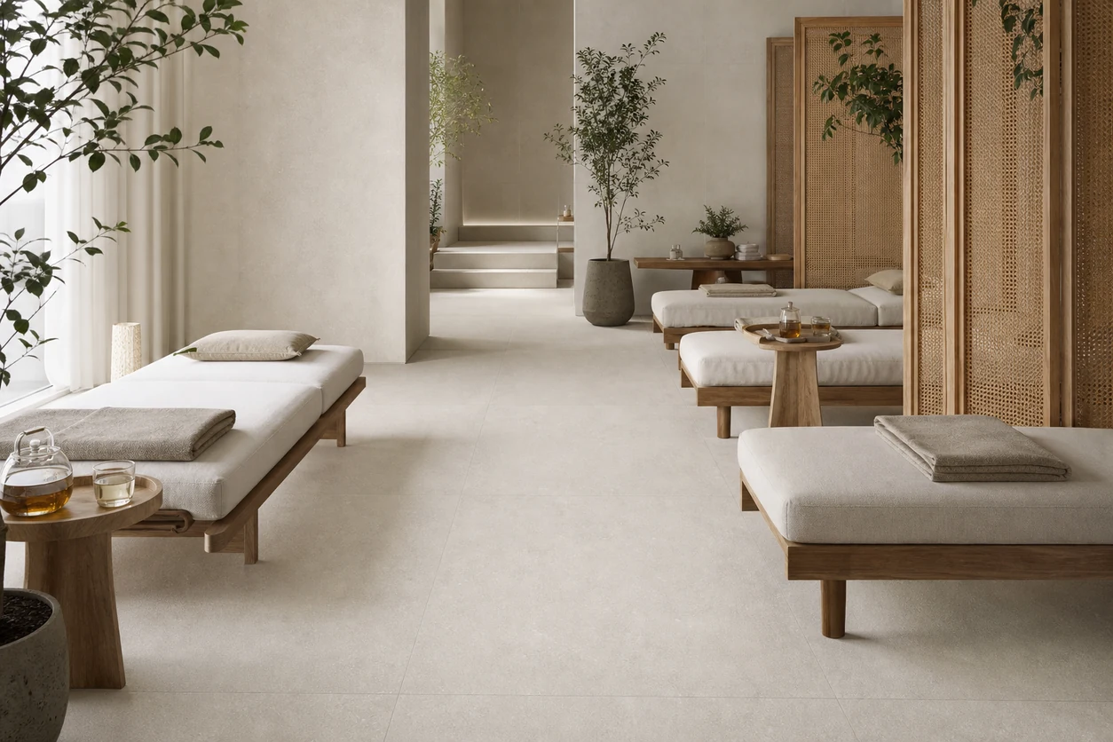 Stile – White Smoke porcelain tile in private wellness club