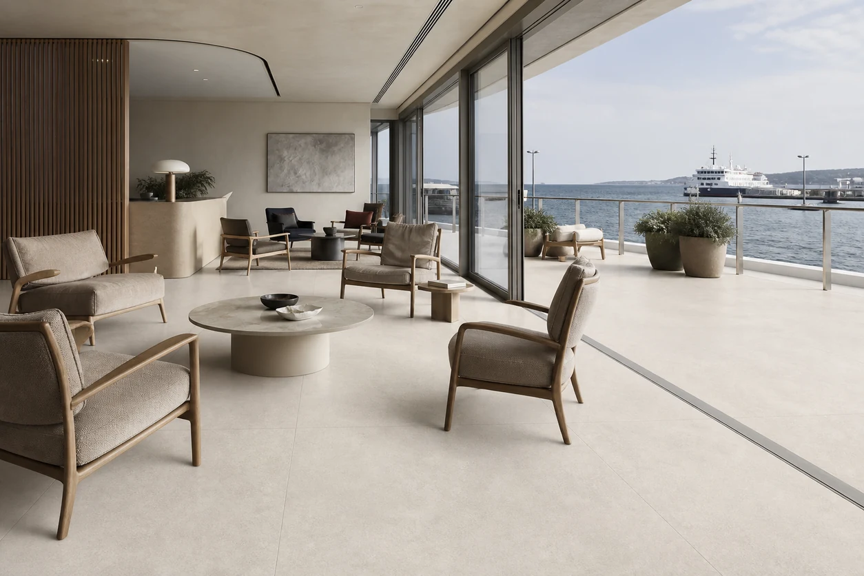 Stile – White Smoke porcelain tile in island ferry vip salon