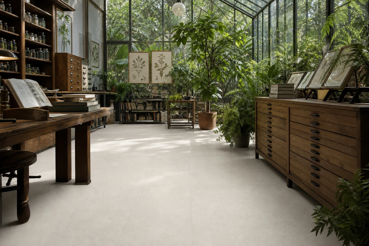 Stile – White Smoke porcelain tile in botanical research library