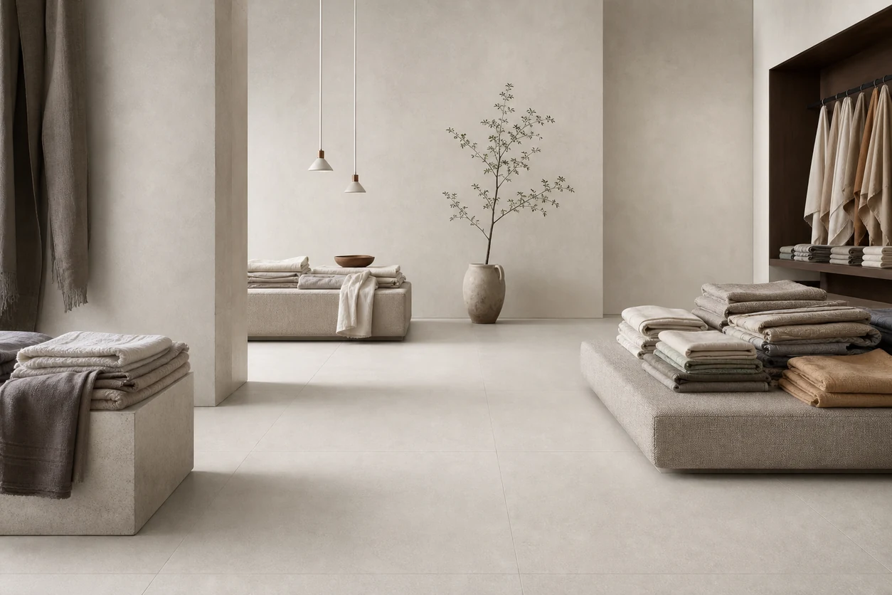 Stile – White Smoke porcelain tile in luxury linen flagship