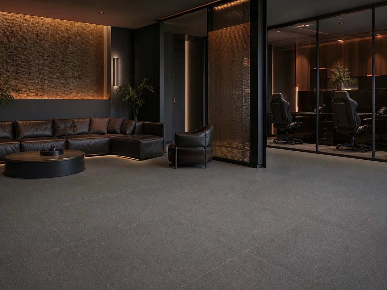 Stonetech – Stoneblack porcelain tile in private esports hospitality suite