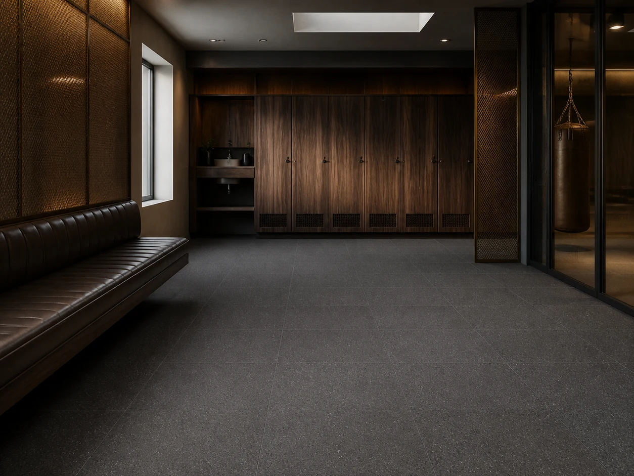 Stonetech – Stoneblack porcelain tile in elite private boxing-club lounge