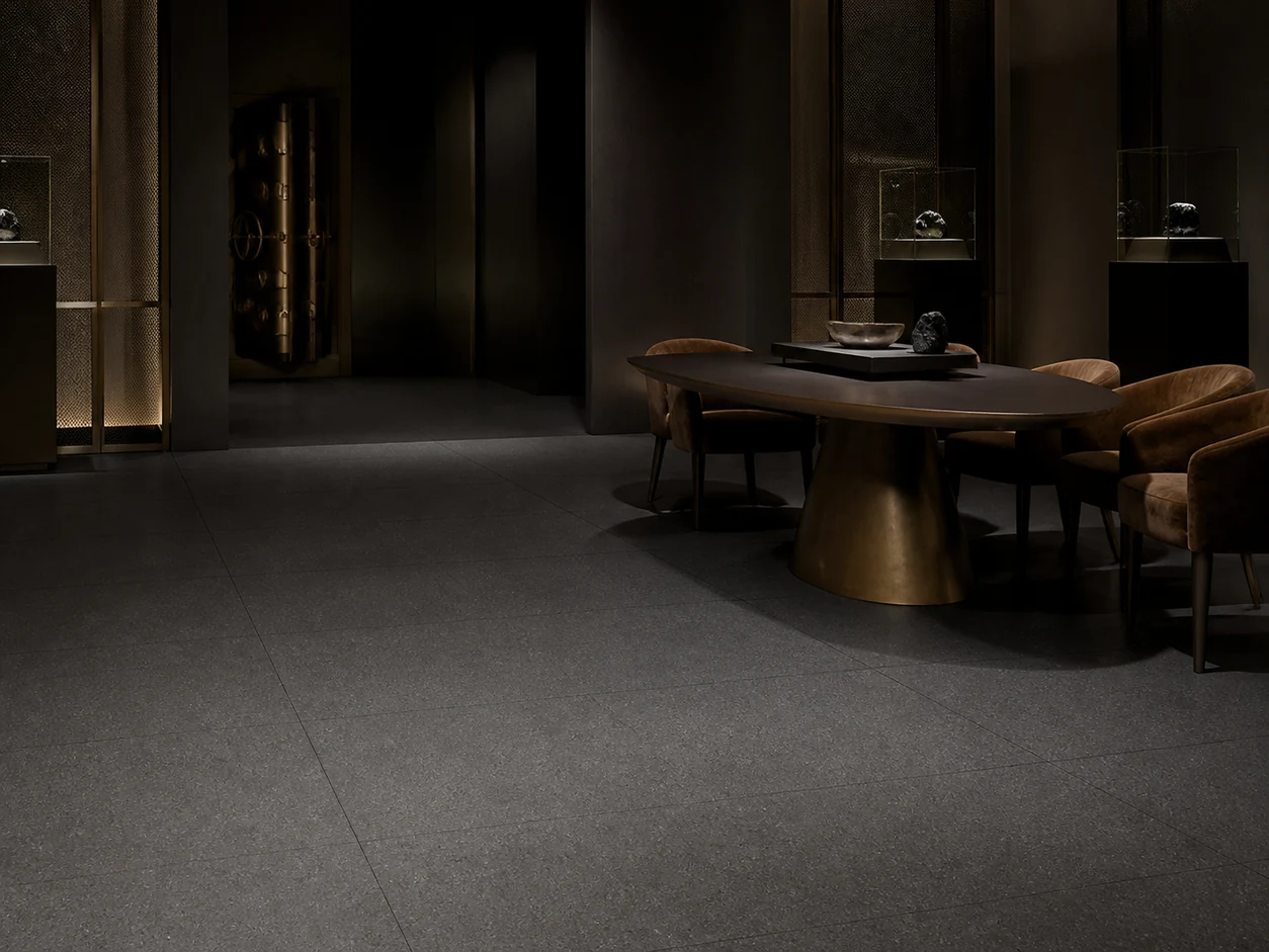 Stonetech – Stoneblack porcelain tile in high-jewellery vault consultation room