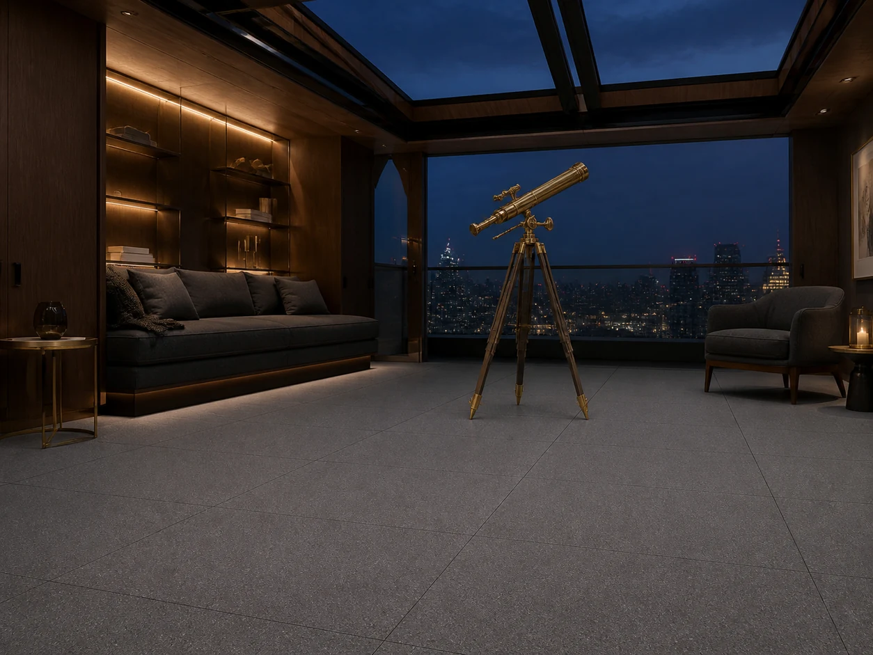 Stonetech – Stoneblack porcelain tile in luxury rooftop observatory lounge