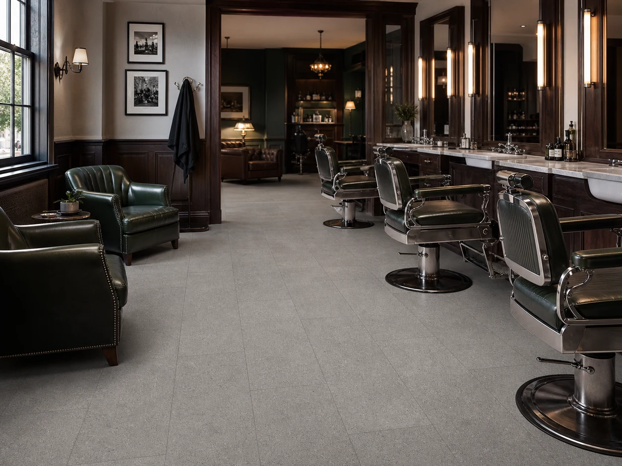 Stonetech – Stonegrey porcelain tile in exclusive traditional barber club