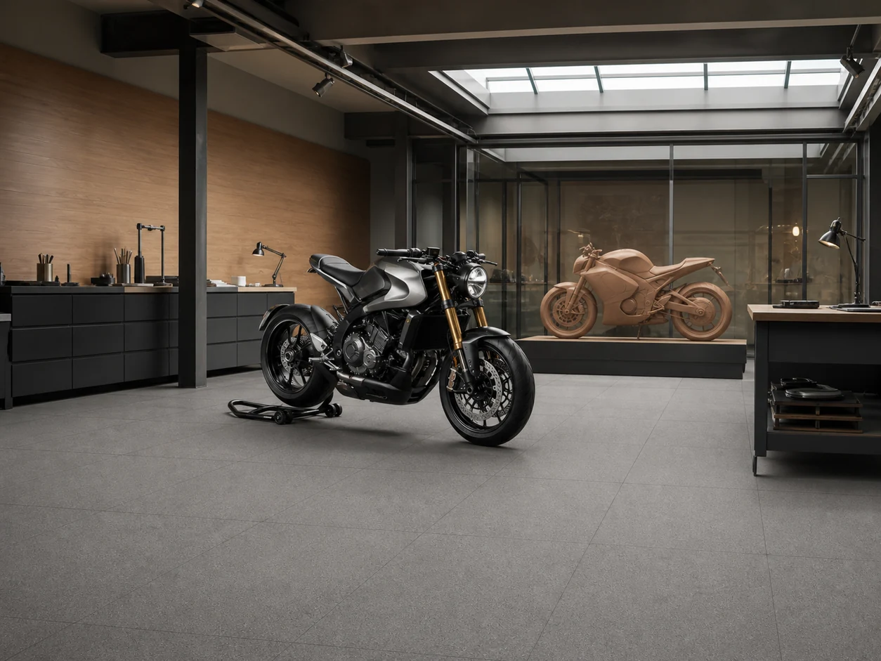 Stonetech – Stonegrey porcelain tile in contemporary motorcycle design studio