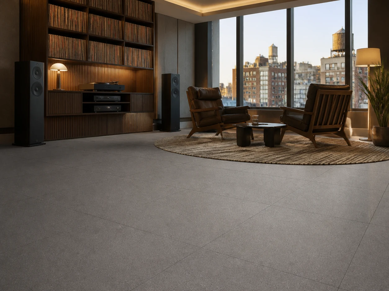 Stonetech – Stonegrey porcelain tile in city residence music listening room