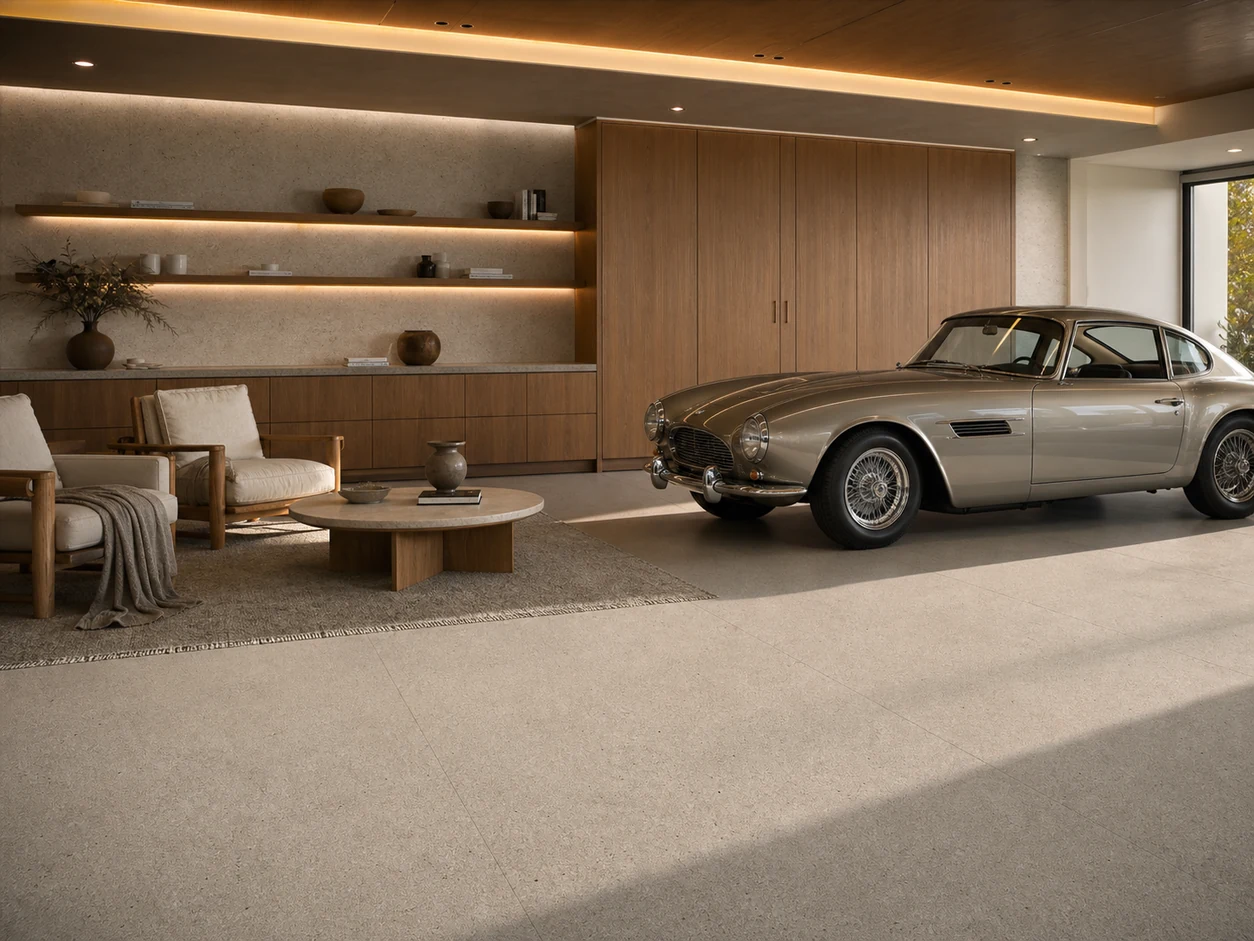 Stonetech – Stonesand porcelain tile in private automobile collector’s garage