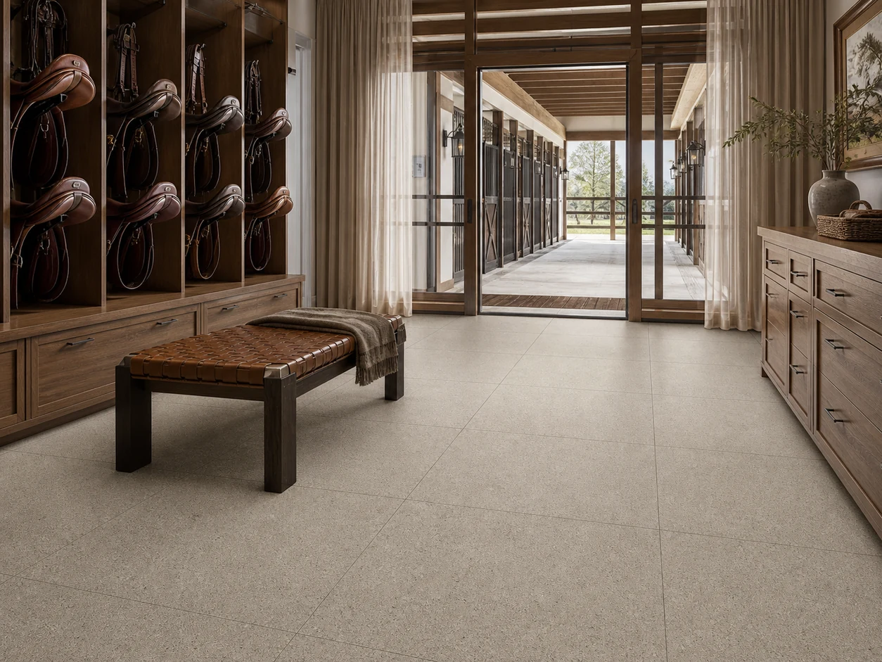 Stonetech – Stonesand porcelain tile in equestrian estate tack-room salon