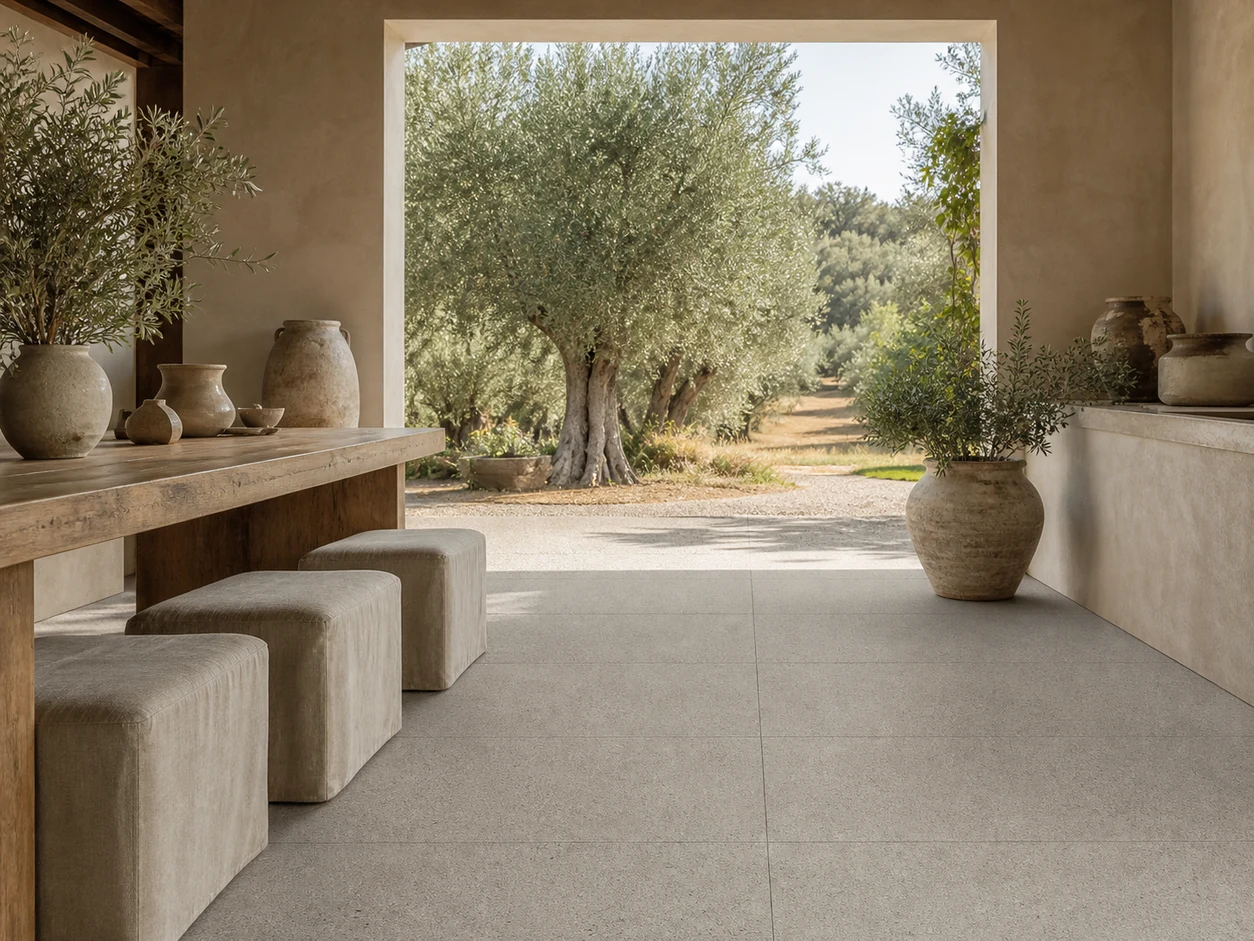Stonetech – Stonesand porcelain tile in olive-oil estate tasting pavilion