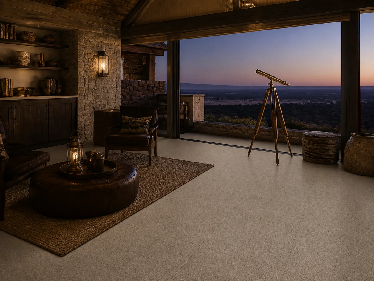 Stonetech – Stonesand porcelain tile in safari lodge astronomy lounge