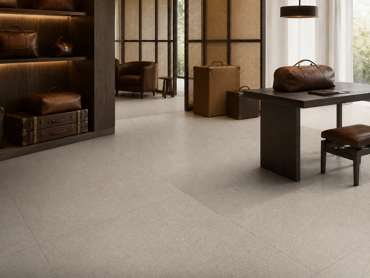 Stonetech – Stonesand porcelain tile in hand-crafted luggage showroom