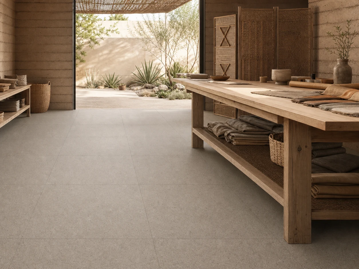 Stonetech – Stonesand porcelain tile in sustainable desert fashion atelier