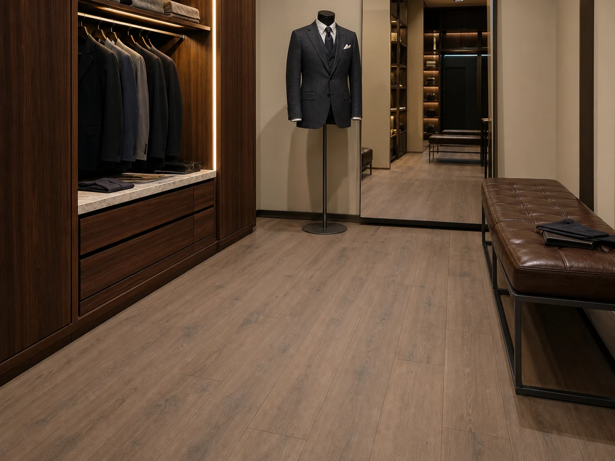 Tavolato – Marrone Medio porcelain tile in bespoke tailor fitting room