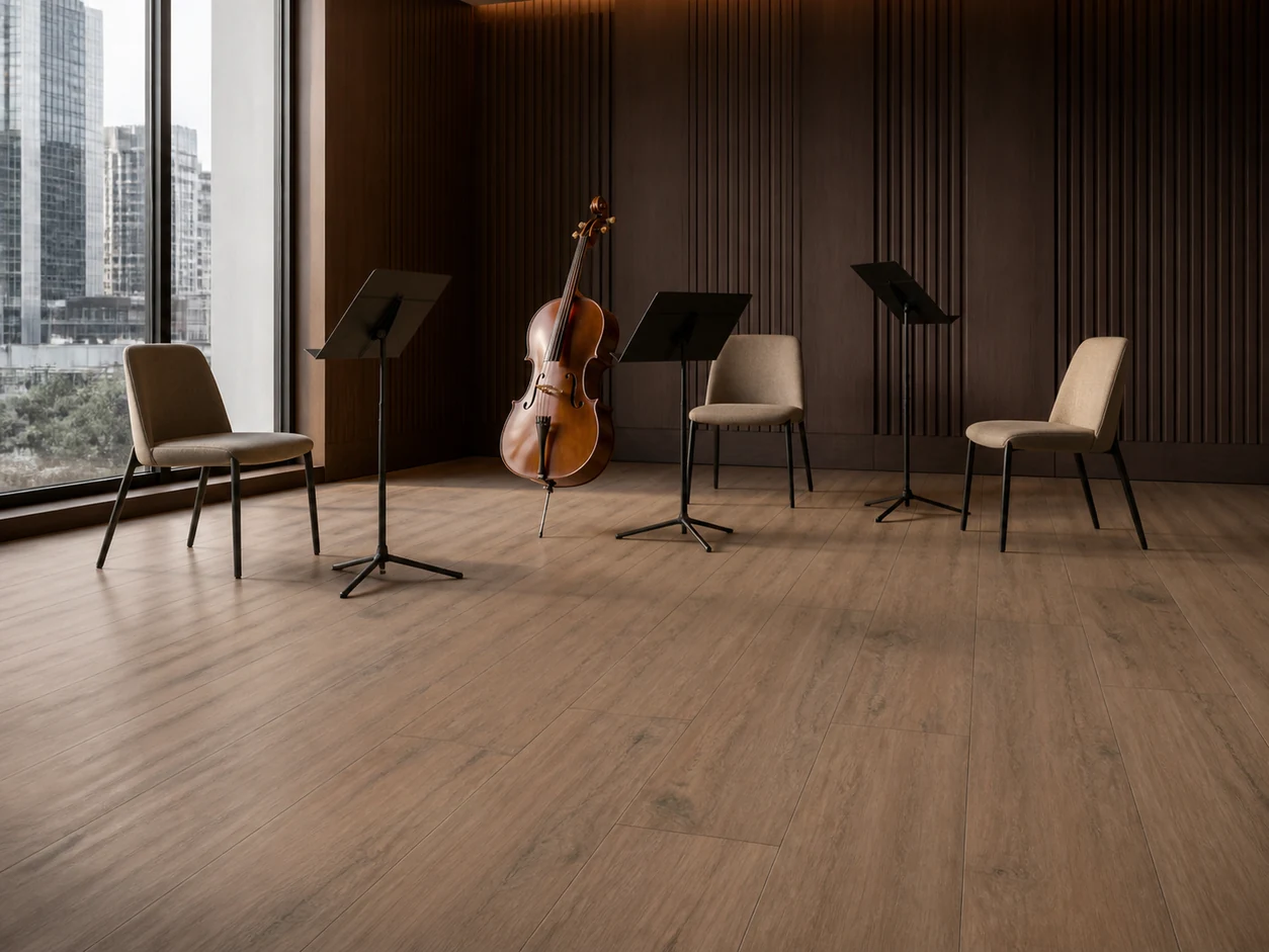 Tavolato – Marrone Medio porcelain tile in chamber music rehearsal salon