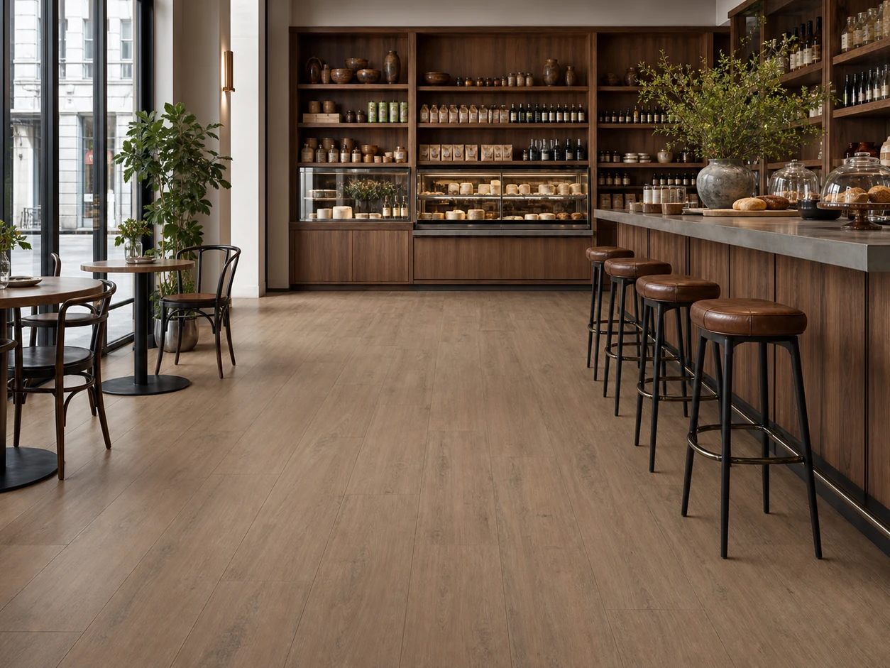 Tavolato – Marrone Medio porcelain tile in gourmet grocer cafe salon