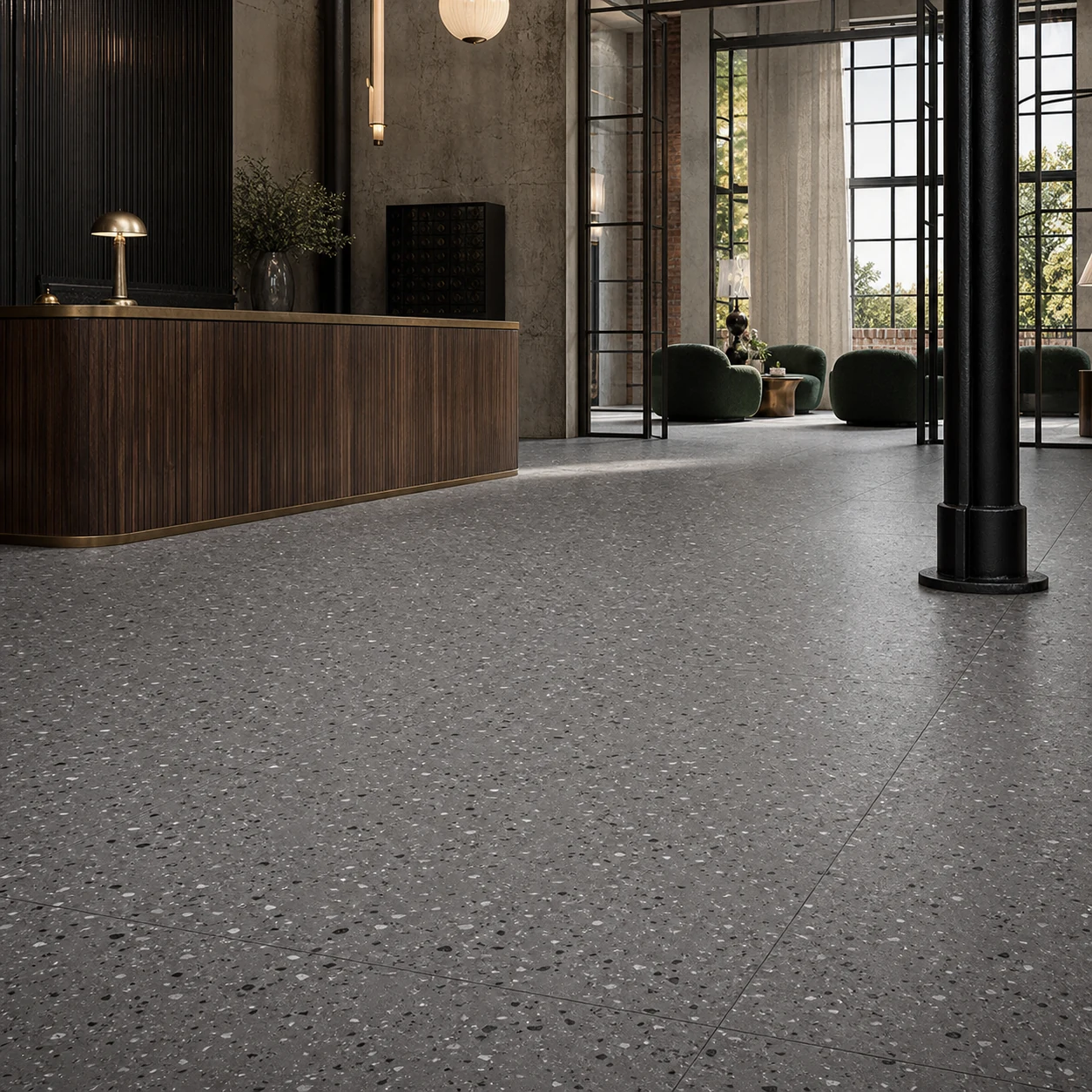 Terrazzotech – Tech Antracite porcelain tile in boutique hotel lobby