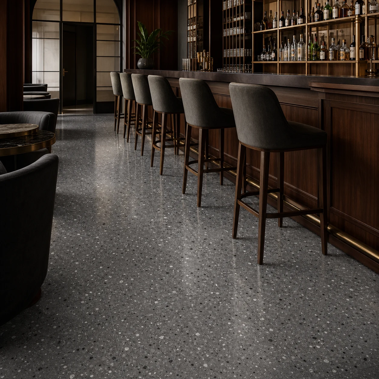 Terrazzotech – Tech Antracite porcelain tile in hotel cocktail bar