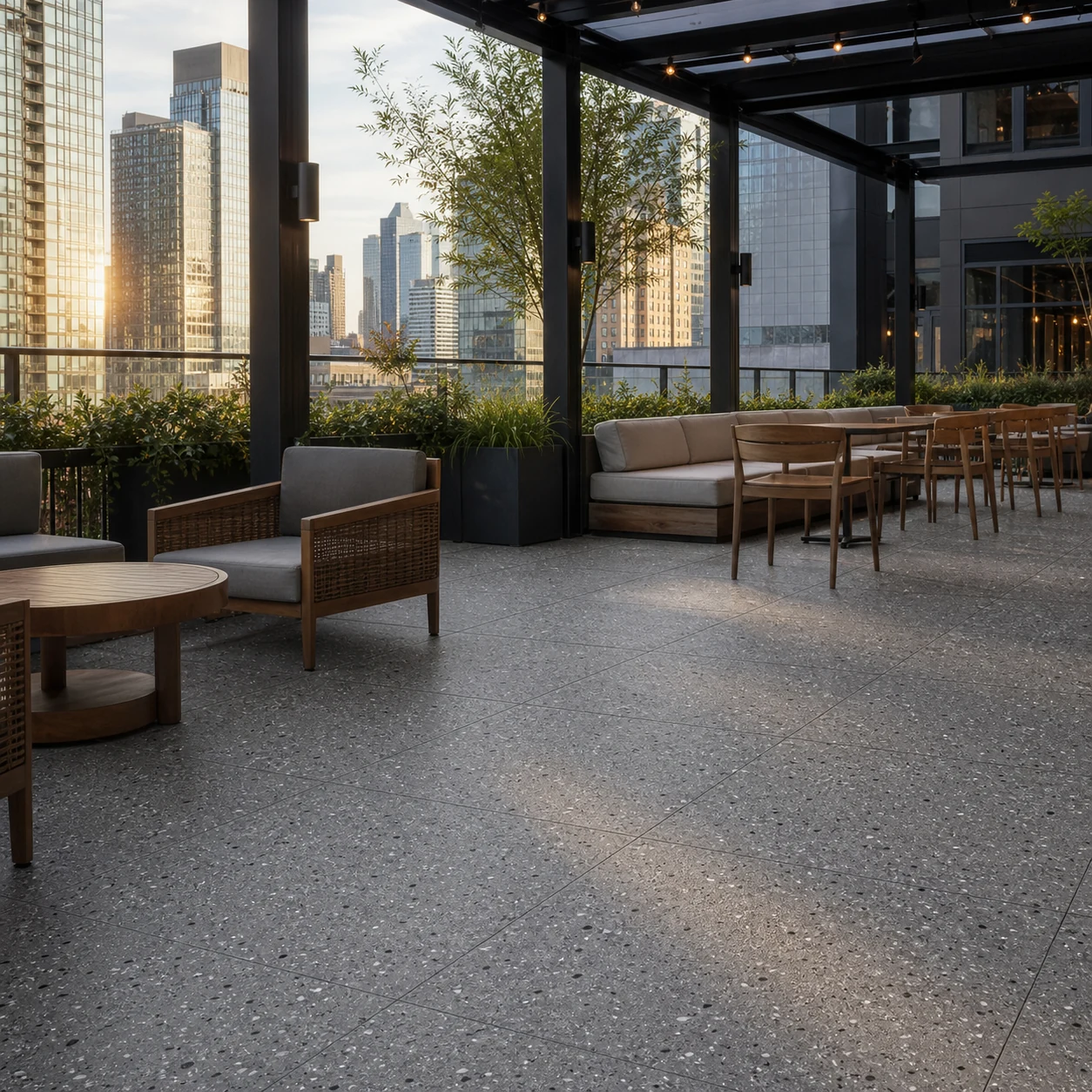 Terrazzotech – Tech Antracite porcelain tile in hotel terrace