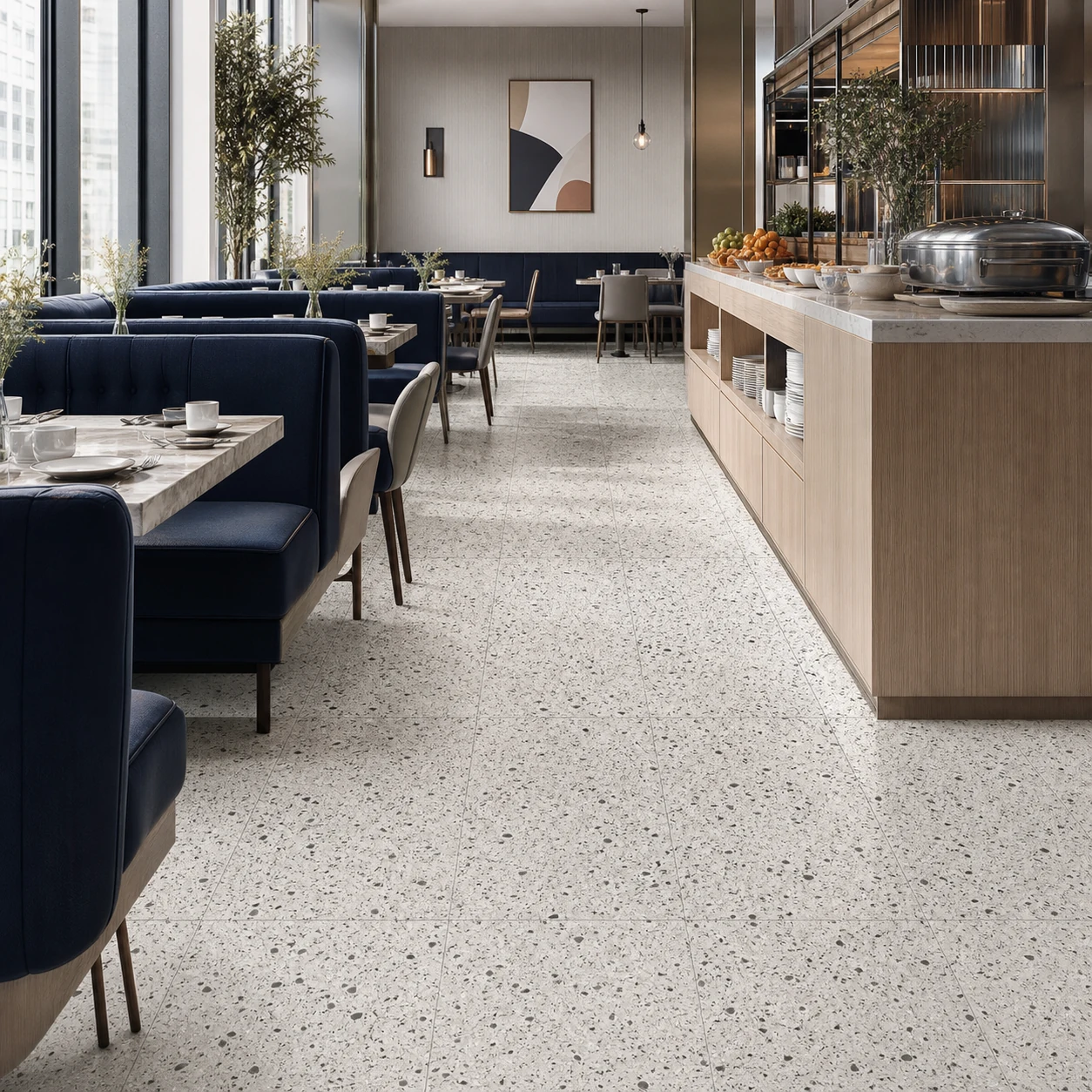 Terrazzotech – Tech Argento porcelain tile in hotel breakfast lounge