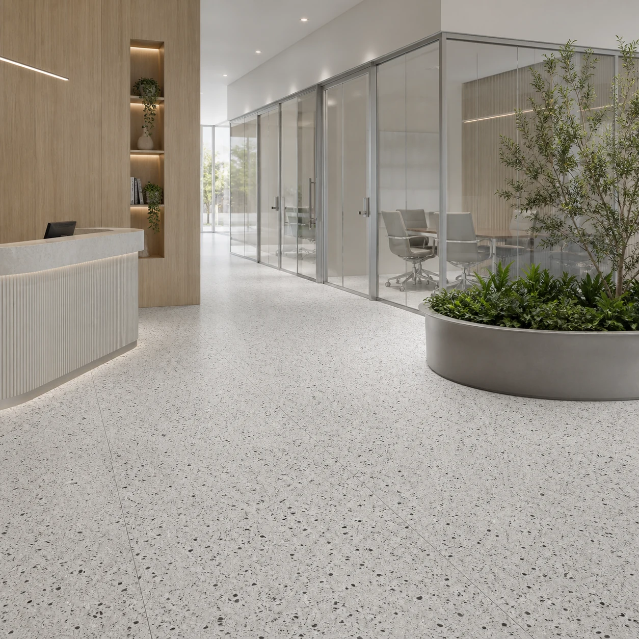 Terrazzotech – Tech Argento porcelain tile in biotechnology company reception