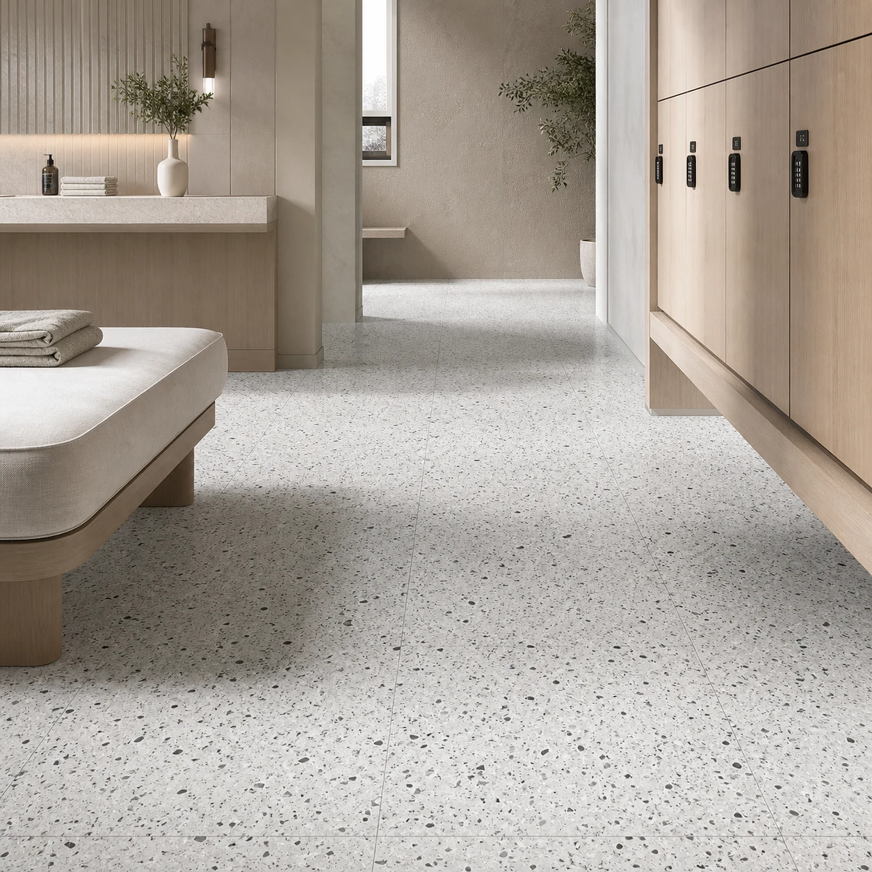 Terrazzotech – Tech Argento porcelain tile in hotel wellness lounge