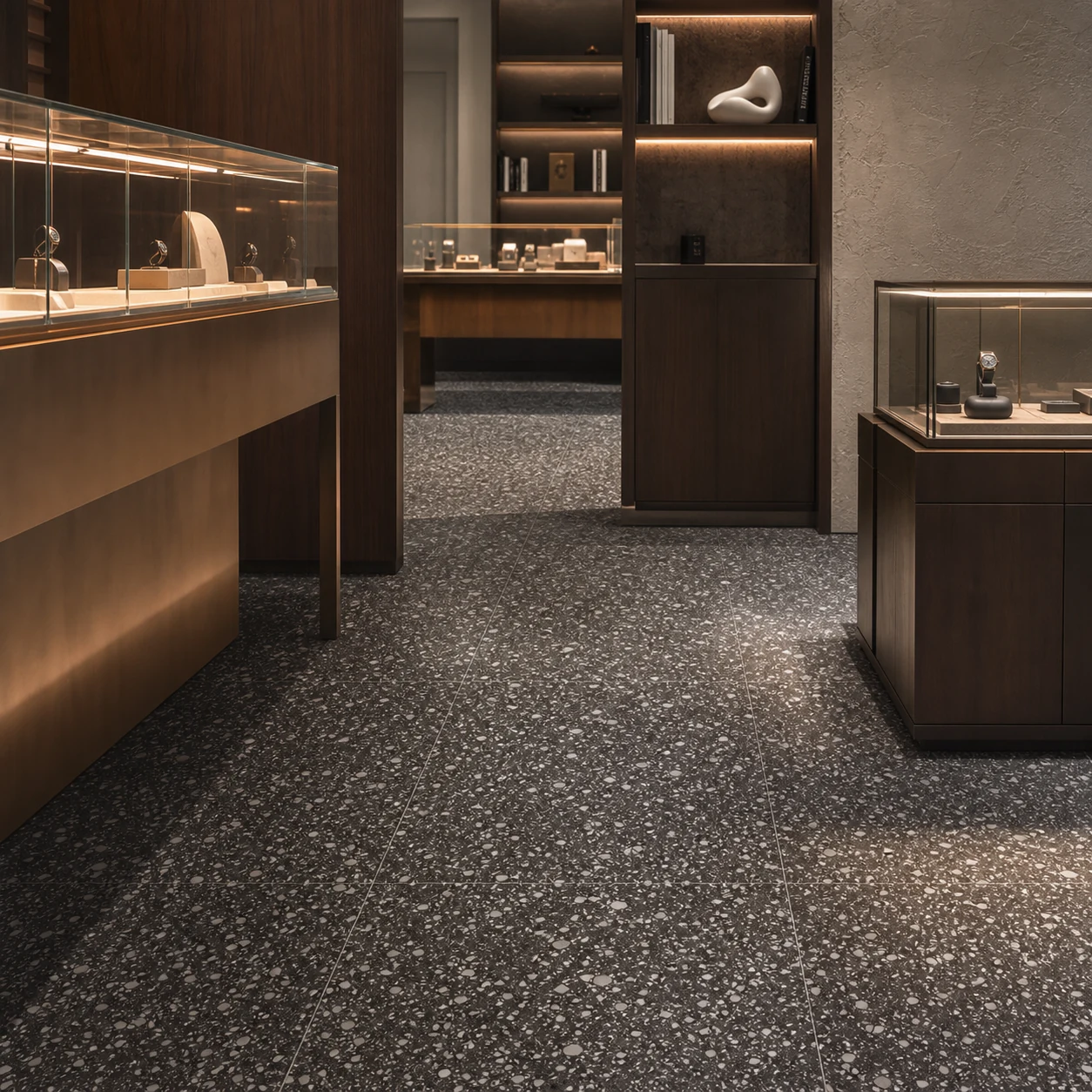 Terrazzotech – Tech Nero porcelain tile in watch showroom