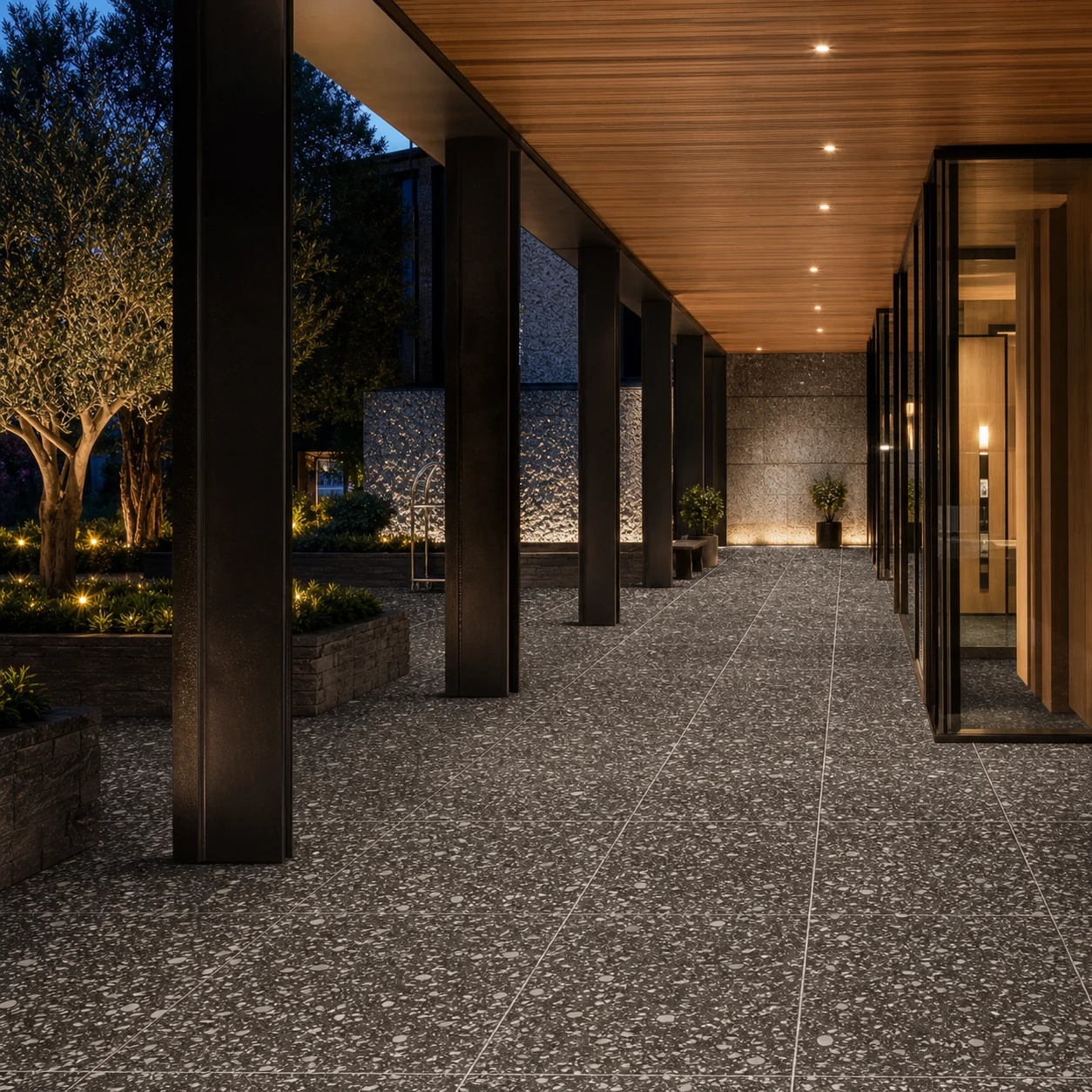 Terrazzotech – Tech Nero porcelain tile in hotel arrival terrace