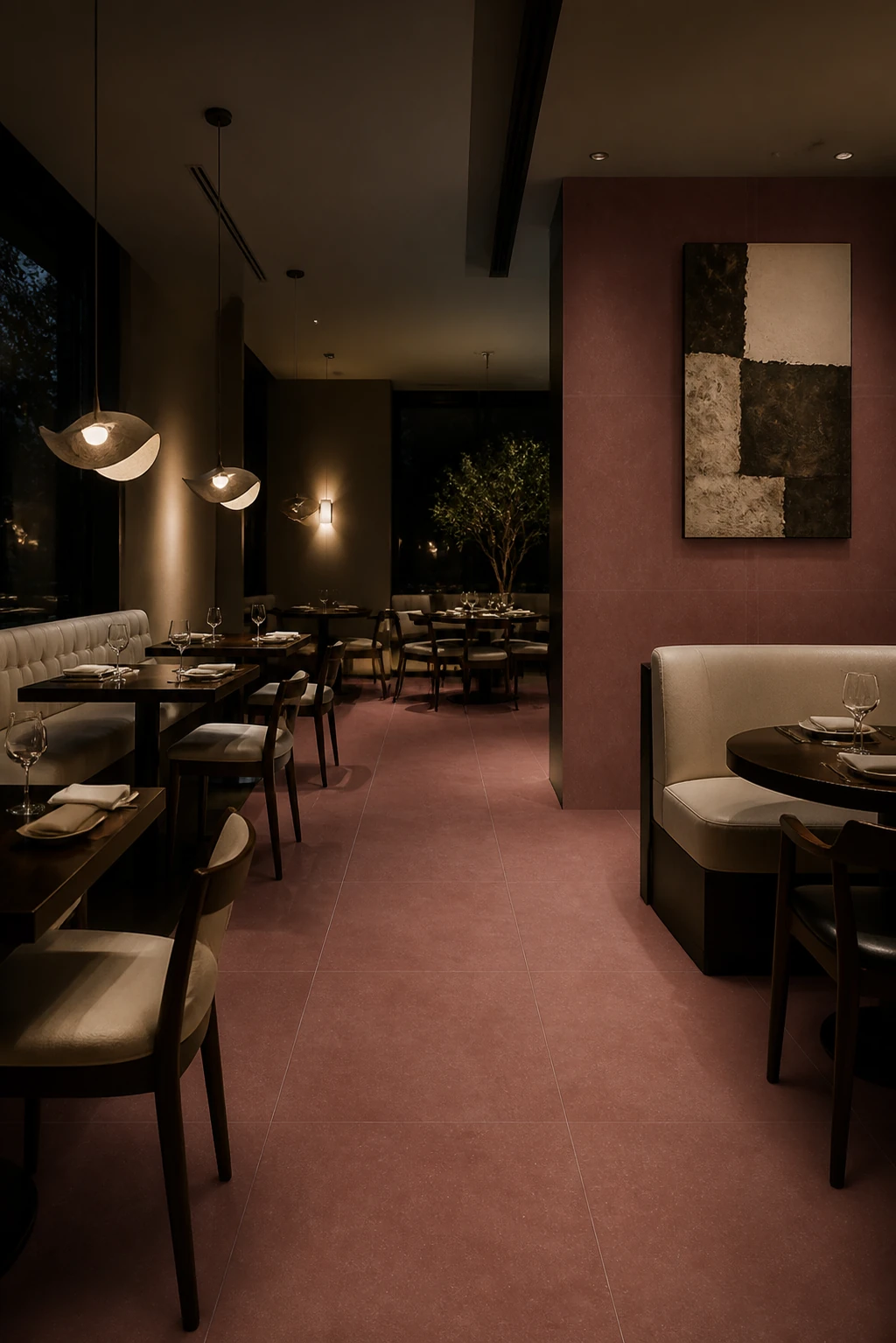 Concept – Red porcelain tile in art house restaurant
