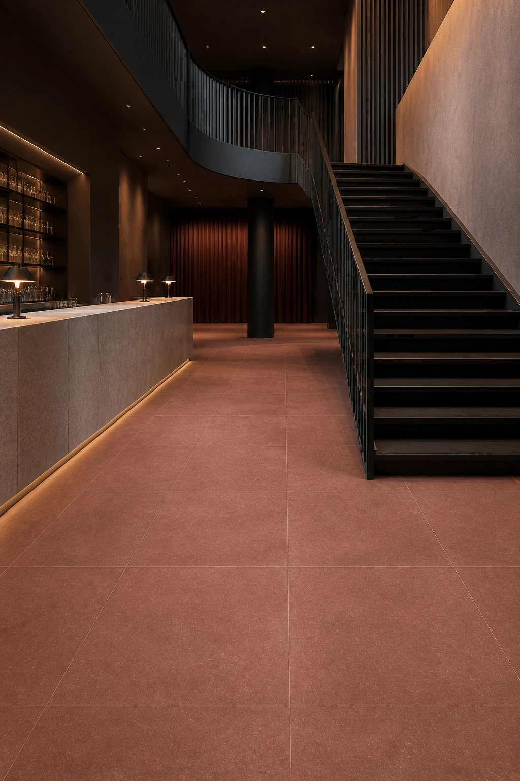 Concept – Red porcelain tile in contemporary theatre lobby