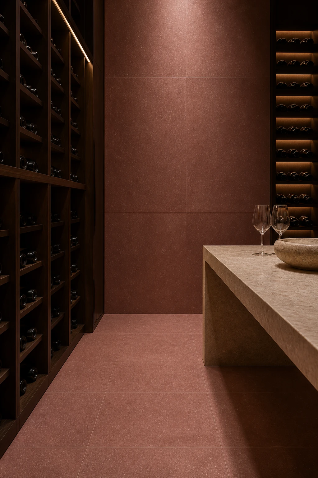 Concept – Red porcelain tile in private wine tasting gallery