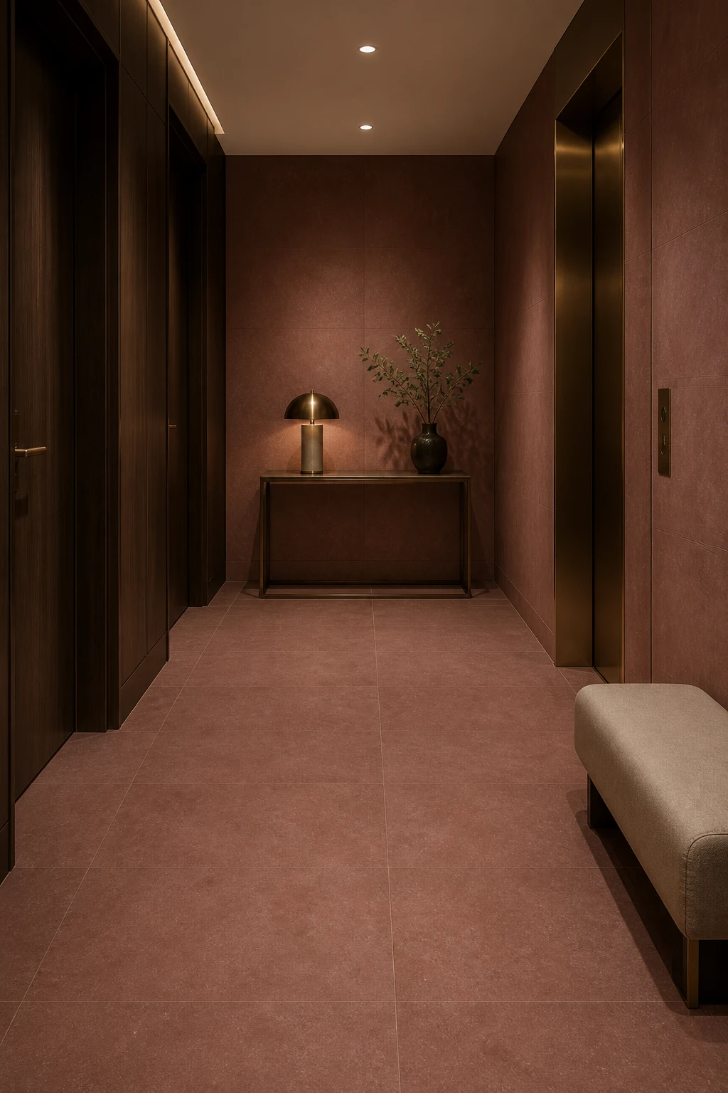 Concept – Red porcelain tile in boutique hotel corridor