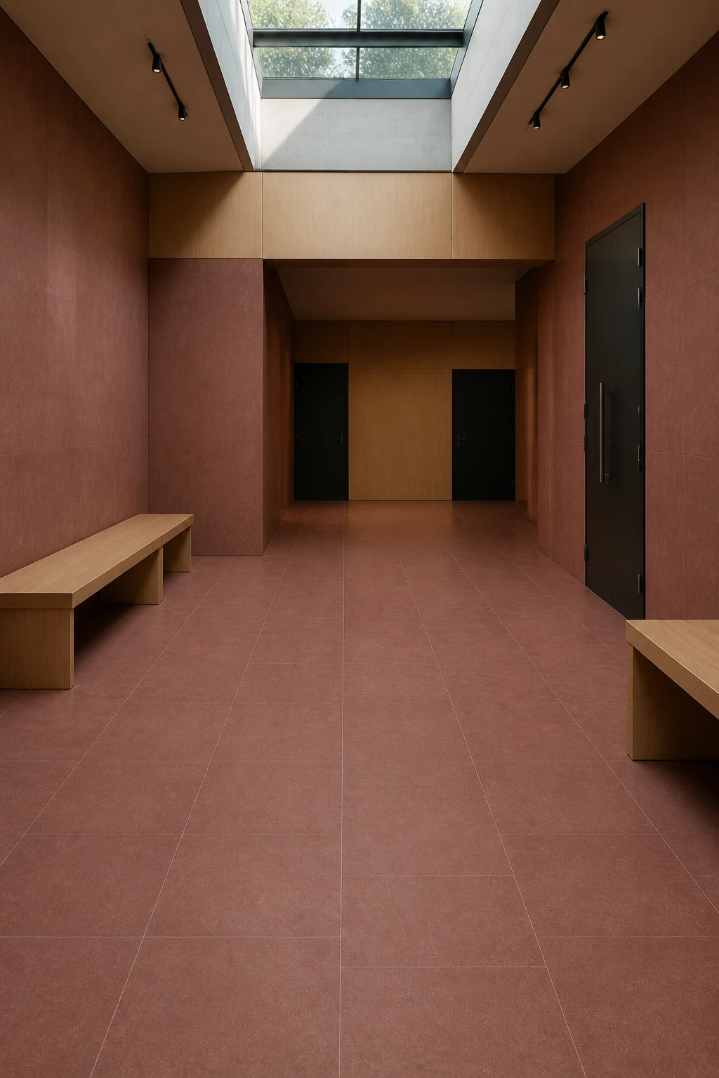 Concept – Red porcelain tile in performing arts rehearsal foyer
